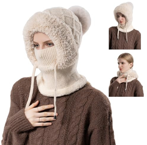 Toerjii Wintermütze Damen,Balaclava Damen,3 in 1 Beanie Mütze Warm Strickmütze & Halswärmer Sets,Multifunktional Verstellbar Gesichtsmaske für Täglich und im Freien (Beige)