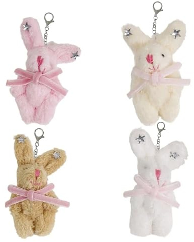 CBMZHF Lot de 4 porte-clés lapin en peluche - 8 cm - Ours en peluche avec nœud rose et détail étoile - Cadeau pour enfants