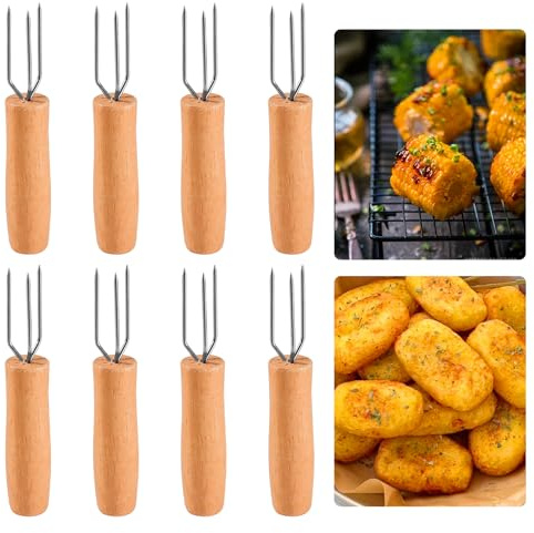 Juego de 8 tenedores de patatas peladas, tenedor de patatas portátil y tenedor de maíz con 3 dientes de acero inoxidable y mango duradero de madera de haya, tenedor reutilizable para patatas de pelaje
