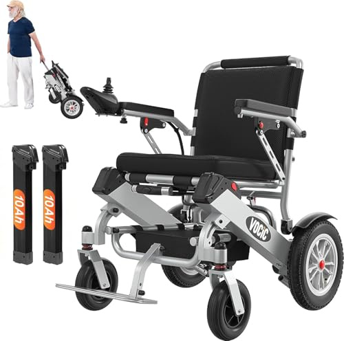 VOCIC V62 Fauteuil roulant, électrique, pliable, à double batterie, léger, jusqu'à 136 kg, 25 KM et 500 W, avec pneus à air, autorisation d'avion, support 3 ans, argent clair de lune