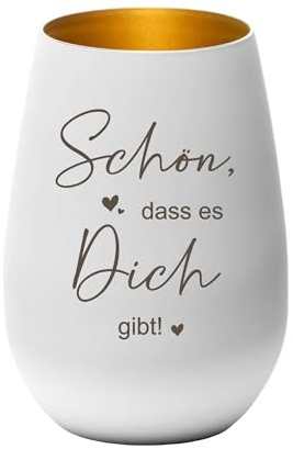 Windlicht Schön, DASS es Dich gibt | Teelichtglas | Geschenkidee für Familie, Freunde & Herzensmenschen | Kerzenhalter | 12 x 8,5 cm Pohmer Design | Bergliebe (Weiß-Gold, Schön, DASS es Dich gibt)