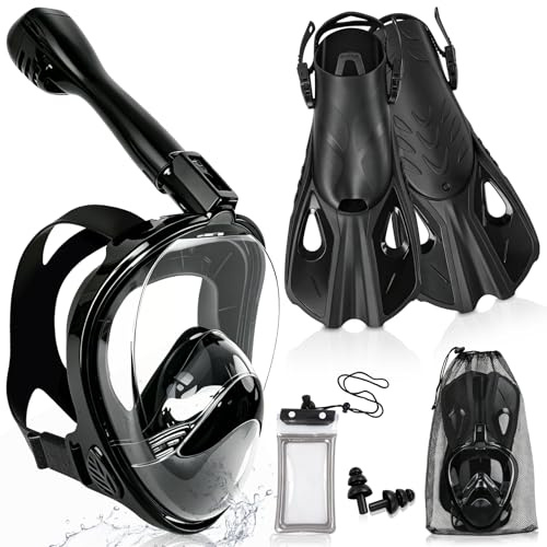 YYSWSAKY Set Snorkel Adulto, Máscara Snorkel, 180°Vista, CO2 Seguro, Anti-vaho Anti-Fuga, con Aletas Ajustables, Soporte de Cámara, Funda Impermeable para Móvil, Equipo de Snorkel Nadar Adultos (L/XL)