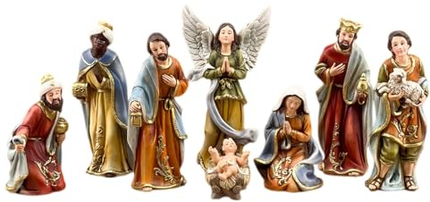 Christmas Nativity Scene Set, 8-Piece Hand-Painted Resin Figurines | 8-Piece Nativity Set, Hand-Painted Resin, 30 cm Display Width, Up to 14.3 cm High, Holy Family, Angel, Wise Men and Shepherd