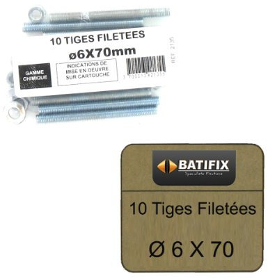 Pack de 10 Tiges Filetées M6 BATIFIX diamètre 6 x 70mm