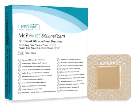 MedVanceTM Silicona - Apósito de espuma adhesiva de silicona con borde Tamaño 5 cm x 5 cm (almohadilla de 2.5 cm x 2.5 cm), caja de 5 apósitos