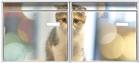 banjado Briefkastenanlage 2 Fach - 2 Briefkästen 72x32x10cm groß - Doppelbriefkasten Set - Namensschild, 2 Schlüssel, Montagematerial - Stahl verzinkt weiß - Motiv Kleine Katze