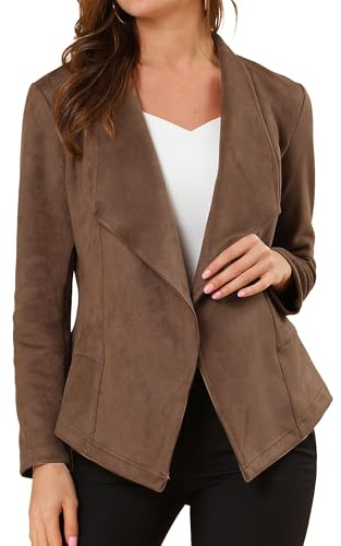 Allegra K Chaqueta de ante sintético para mujer, ligera, con solapa frontal abierta, drapeada, marrón claro, 48