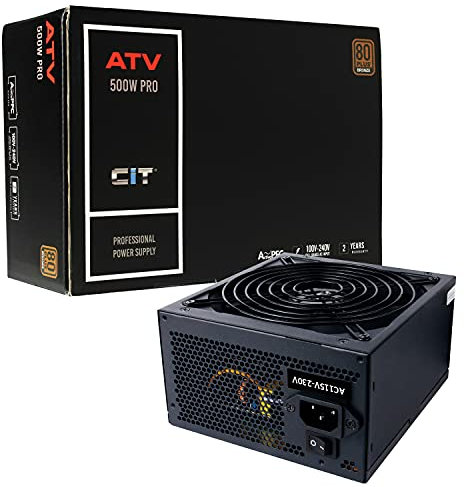 CiT ATV Pro 500W PSU – Non-Modular Power Supply Unit with Active PFC - 14cm Quiet Fan - Flat Black Cables - Single +12V Rail - Full Circuit Protection - 80 Plus Bronze Certified | Black