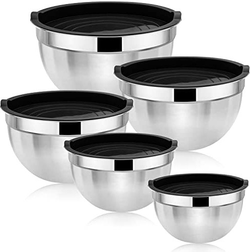 Herogo Mixing Bowl Set of 5, Stainless Steel Salad Bowl with Black Airtight Lids, Ideal for Baking Serving, Non-Toxic & Rust Free, Versatile & Dishwasher Safe (4.5/2.7/1.5/1.2/0.7 QT)