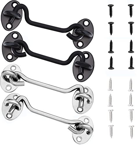 VENGABY 4 Stück Sturmhaken Kabinenhaken mit öSe, Edelstahl TüRhaken Fensterhaken, Sturmhaken für SchwingtüR Holz, FensterläDen Holz,Scheunentor Gartentor Riegel mit Montage (Silver/Schwarz, 4 IN)