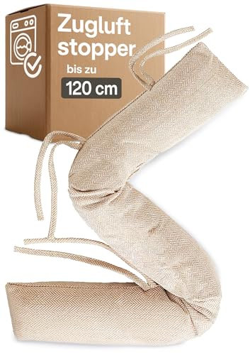 Praknu Zugluftstopper für Fenster bis 120cm - Waschbar - Energiesparend - Extra Lang & Schwer - Auch für breite Türen - Beige