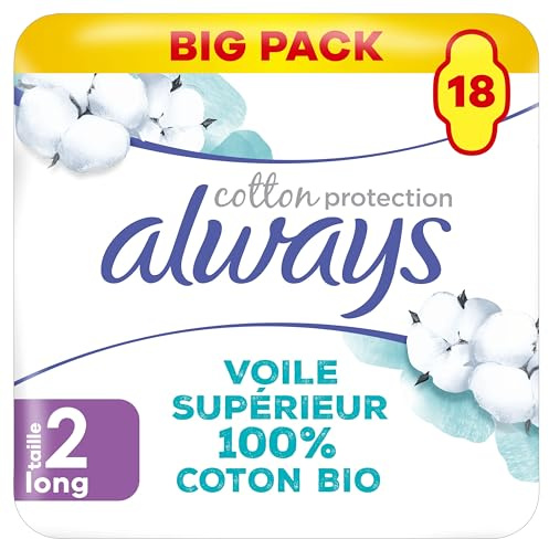 Always Ultra kvinnors sanitära dynor storlek 2, långa (18 sanitetshanddukar med vingar) storpack, organiskt bomullsskydd, säkert skydd och yta 100% ekologisk bomull