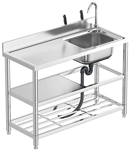 HCZION Freistehendes Einzelbecken-Außenbecken aus Edelstahl, Küchenspülen-Set mit Wasserhahn, Vorbereitungs- und Gebrauchswaschbecken mit Werkbank und Lagerregalen für Innen- und Außengaragen, gewe