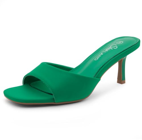 Shoe Land Women's Low Heels Stiletto Heeled Slides, Open Toe One Band Slip-On Heeled Mules – Dressy Heeled Sandals for Prom, Party Wedding and Vacation, Green, Size 8.5, Deverena