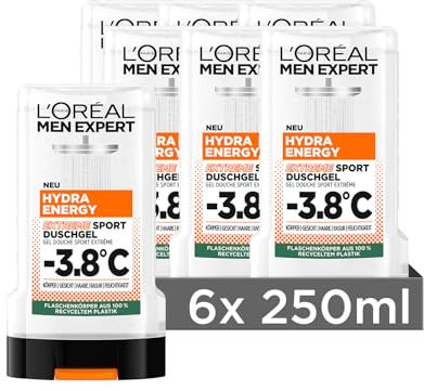 L'Oréal Men Expert Duschgel und Shampoo für Männer, Duschbad zur Reinigung von Körper, Haar und Gesicht, Herren Körperpflege mit kühlendem Effekt -3,8°C, Hydra Energy Extreme Sport, 6 x 250 ml