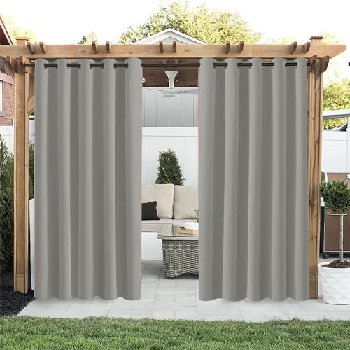 Hiseng Outdoor Vorhang Wetterfest mit Ösen 2er Set Balkon Outdoorvorhänge Wasserdicht Blickdicht Vorhang Outdoor Sichtschutz Sonnenschutz Vorhänge für Pavillon Terrasse Garten (180x213cm,Grau)