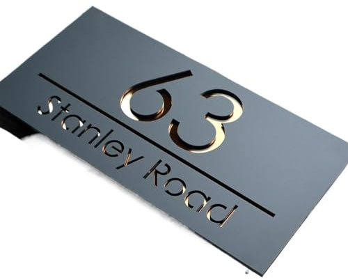 JMORCO Hausnummer Custom Laser Cut Sign House Number Outdoor Personalized Street Home Number Plaque Modern Acrylic Sign Street Matte 3D Sign(Black (Gold Text),20x40cm (7.9x15.8in))