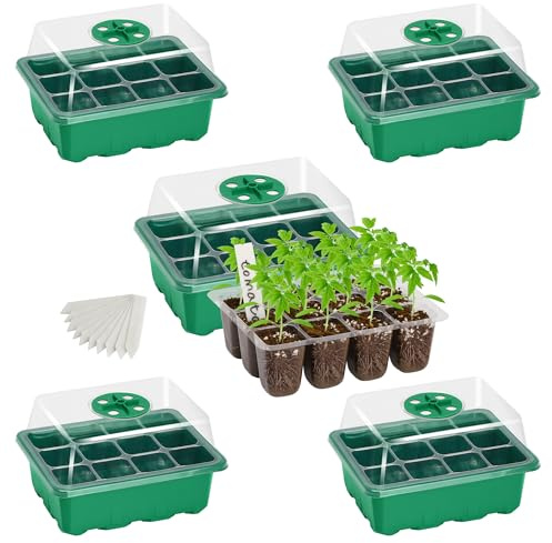 Bonviee 5-Pack Seed Starter Trays, Seed Starter Kit with Adjustable Humidity Dome and Base Indoor Greenhouse Mini Propagator for Seeds Growing Starting (12 Cells Per Tray, Green)