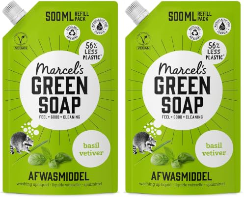 Marcel's Green Soap - Spülmittel Basilicum & Vetiver Nachfüllpackung - Geschirrspülmittel - 100% Umweltfreundlich - 100% Vegan - 97% Biologisch abbaubar - 500 ml (Packung mit 2)