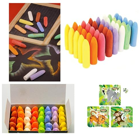 HK Online 40 SMALL CHUNKY CHALKS & 1 3D JUNGLE ERASER -Large Hopscotch Chalk, STREET CHALKS, SIDEWALK Chalk, WALL ART Chalk (40 CHUNKY Chalks)
