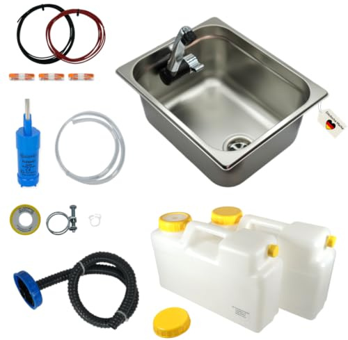 madelee Camping Spülbecken/Waschbecken Set aus Edelstahl 32,5 cm x 26,5 cm x 15 cm mit Armatur London 12 V, 25 mm Anschluss, 12 V Wasserpumpe, Abwasserschlauch, 2 x 12 L Wasserkanister Ausbau