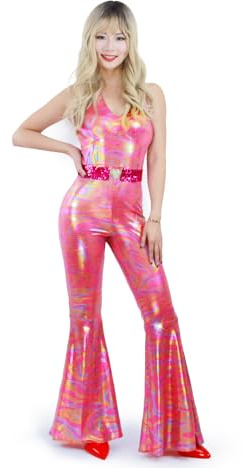 Muztagata Disco-Outfit, 70er-/80er-Jahre, Abschlussball, glitzernd, ausgestellter Overall, Party, Kostüm, Halloween, Cosplay, für Erwachsene und Frauen