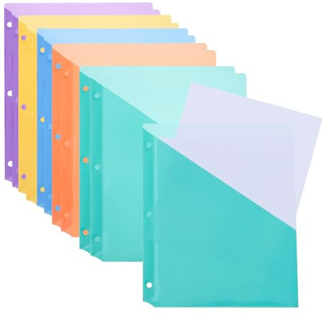 PATIKIL Binder Pocket for 3 Ring Binders, 10pcs 3 Hole Punch Pocket Folder Divider Slash File Jacket Organizer Sleeves for Office Paper Document, 5 Colors