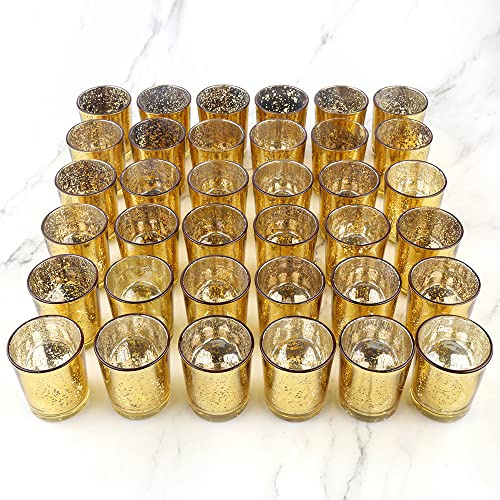 BTGLLAS Clear Glass Tea Light Holders - Votive Candle Holders Bulk for Weddings Events - Glass Votives for Wedding Centerpieces, Christmas, Thanksgiving - Candle Accessories Decor (Gold - 36pcs)