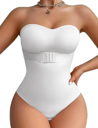 FEOYA - Body modellante da donna, design a pancia piatta, per donna, invisibile push up senza spalline con body con imbottitura removibile e spalline, bianco, S