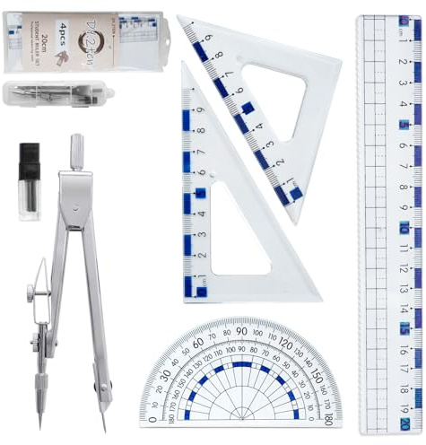 DY.2ten Ensemble de Géométrie,Kit Geometrie Compas, Règles 20cm, rapporteur d'angle, équerres ，pour étudiants, Kit Géométrie pour étudiants，fourniture scolaire， 6 Pièces