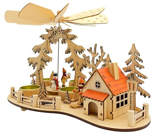 Wichtelstube-Kollektion Weihnachtspyramide Teelichtpyramide mit Räucherhaus Ski Pyramide Weihnachten für Teelichter, Skifahrer Echtholz Räuchermännchen Neu 2024 mit 4 Teelichtern