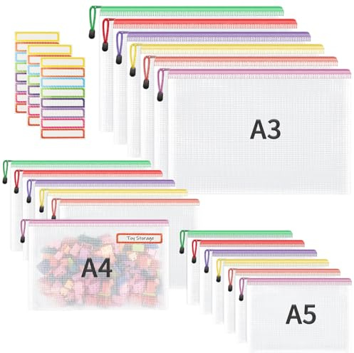 Smarpau Dokumententasche A3+A4+A5, 18 Stück 3 Größen Reißverschlusstasche | Wasserdichte Mesh Kunststoff, Zip Beutel Tasche Kunststoff, Mesh Dokumentenmappen für Schule, Büro, Reisen (6 Farben)