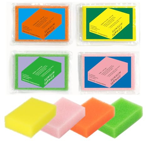 SunSun Sponge Kitchen Sponges, Made in Japan All Surface Scratch-Free Odor Resistant Durable Long-Lasting Sponge for Dishwashing, Pastel Color, 4 Count