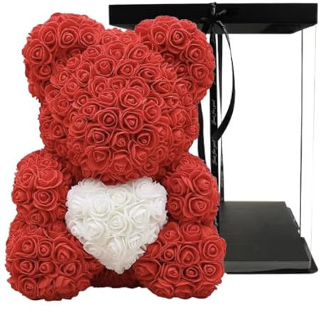 Passionefiori.it Orsetto di Rose con cuore bianco 40cm, Regalo per San Valentino, regalo per fidanzata, Amica, orsacchiotto, teddy bear, spedizione Veloce orsetto Cuore Bianco, 40cm