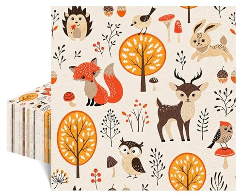 20 Servietten Waldtieren, Lustige Tiere aus dem Wald Papierservietten, Fuchs, Vögel, Hirsch, Hase, Herbst, KinderParty, Geburtstag, Decoupage, Tischdeko, 33x33cm