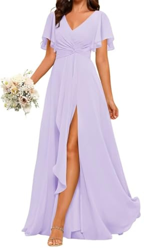 HPPEE Chiffon Bridesmaid Dresses Lilac for Wedding Flutter Sleeve V Neck Formal Dress with Slit Prom Gown UK20