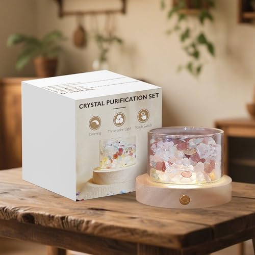 Lamptobe Pierres Chakra Naturelle Lithotherapie avec Base LED - Set de Rechargeable Lampe Lumière pour Chakra Lithotherapie Chambre Méditation Cristaux Cadeau Spirituel Relaxation Énergétique Yoga