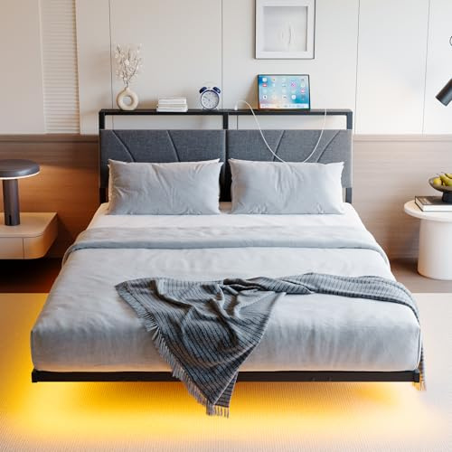 HOJINLINERO 4ft6 Double Bed Frame with Storage,Floating Bed Frame Double with LED Lights,Ergonomic Headboard with USB Charging,Bed Frames Noise-Free Metal Slats | Modern Bedroom Design
