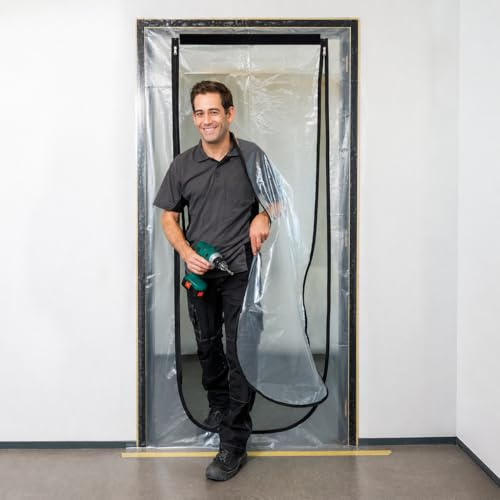 Safero Clear Plastic Door Dust Cover with Zip – 220x110cm Heavy Duty Door Dust Sheet for Decorating & Painting – Temporary Doorway Dust Barrier with Velcro – Reusable & Easy Install