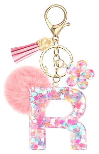 JSRQT Niedlicher Rosa Schlüsselanhänger Buchstaben, Namens Alphabet Harz Schlüsselanhänger Blumen Pailletten mit Pompons, Taschenanhänger Key Chain