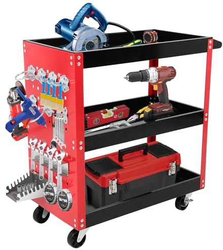 Dollate 3 Tier Rolling Tool Cart (Red & Black), Tool cart on Wheels, Utility Cart, for Garage, Warehouse, Workshop, Tool Room