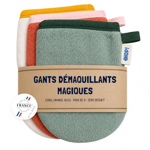 [EHOP] Gant démaquillant réutilisable à l’eau | Démaquillage visage, yeux et lèvres sans produit | Lavable et doux pour la peau | Zéro déchet, idéal maison & voyage (Écru, Bleu, Orange, Lot de 3)