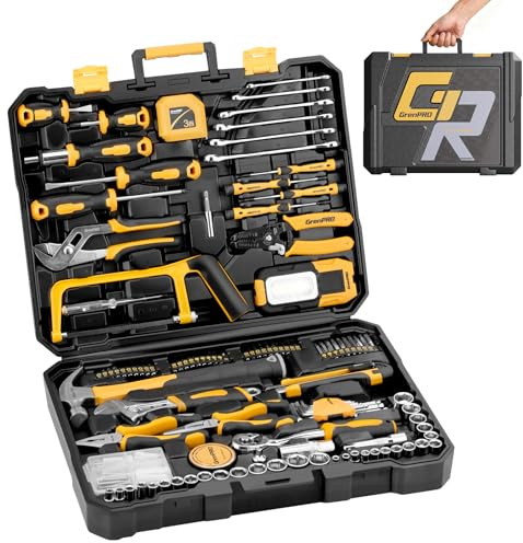 GRENPRO 218 Piece Tool Kit for Home, Tool Box with General Household Hand Tools Set, Herramientas with Screwdrivers, Wrenches, Hammer, Bow Saw, Folding Work Lamp, Electric Pen and Other Basic Tool Kit