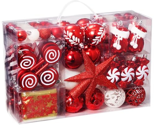 AMLOOPH Red Christmas Tree Decorations, 131pcs Red And White Baubles Christmas Decorations, Shatterproof Xmas Baubles Ornaments With Ribbon, Tree Topper For Xmas Trees, Wreath decor