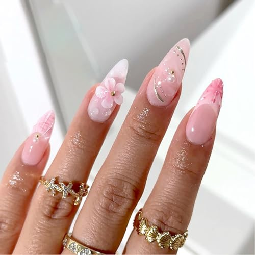 Auroriel 24 pièces ongles pressés amande taille moyenne rose fleurs 3D perles florales charmes réutilisables faux ongles gel set de manucure