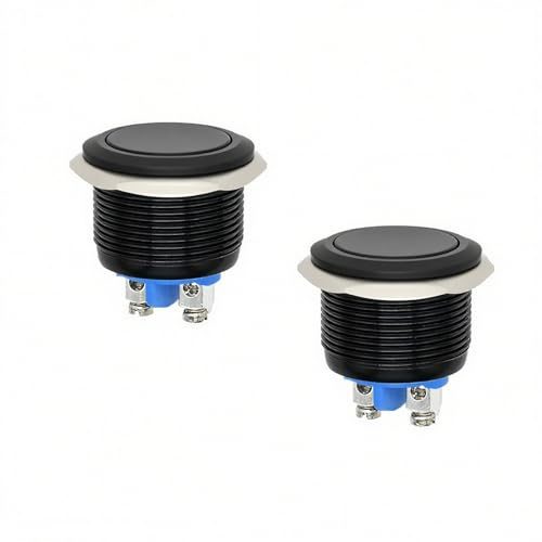 2 Piezas Pulsador 22 mm 12V, Interruptor Pequeño Momentáneo de Aluminio, 1NO SPST con Terminal de Tornillo, Interruptor 12V Impermeable, Pulsadores Eléctricos (Negro)