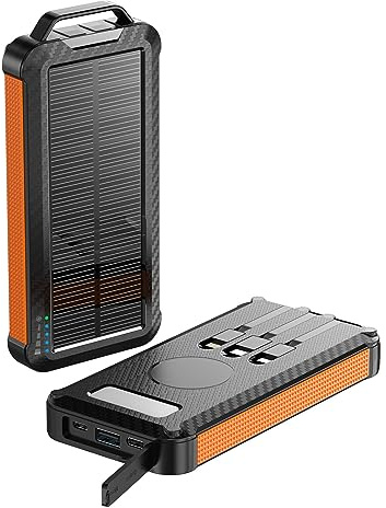 Power Bank Wireless 10000mAh con cavo integrato Ricarica solare per esterni Alimentatore mobile portatile Design antiscivolo e antigoccia, arancione