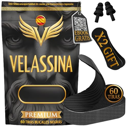VELASSINA Pack de 60 Tiras Bucales para Dormir, Regalo Ebook, Tiras Nasales, Tapones Oídos - Mouth Tape for Sleeping, Cinta Bucal para Dormir, Tapa Bocas para Dormir, Ronquidos Soluciones
