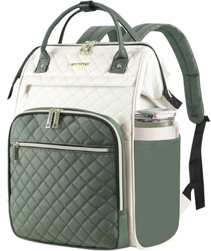 EMPSIGN 17 tums Laptopryggsäck för kvinnor, arbets- och reseryggsäck för dator, stor kapacitet, vattentät quiltad vardagsryggsäck, Beige-Militärgrön
