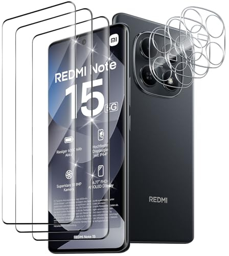 Xunzii Schutzfolie für Xiaomi Redmi Note 15 5G/Poco M8 5G für Panzerglas, 3 Stück Displayschutzfolie und 3 Stück Kameraschutz, 9H Härte Anti-Kratzen Schutzglas, HD-Klar Bläschenfrei Panzer Schutz Glas
